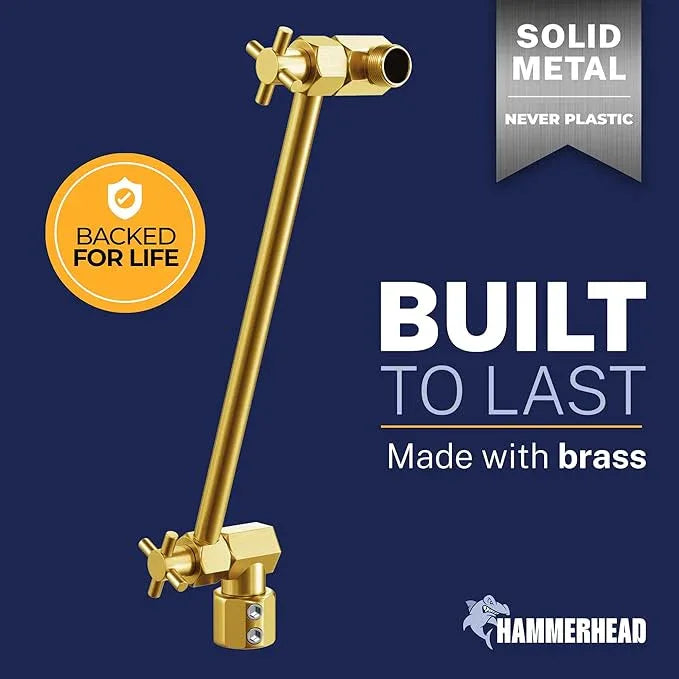 HammerHead Showers Solid Metal 12 Inch Adjustable Shower Head Extension Arm, Raises Showerhead Height, Shower Extender Arm Supports Up to 10 lbs, Brushed Gold - ModernBath