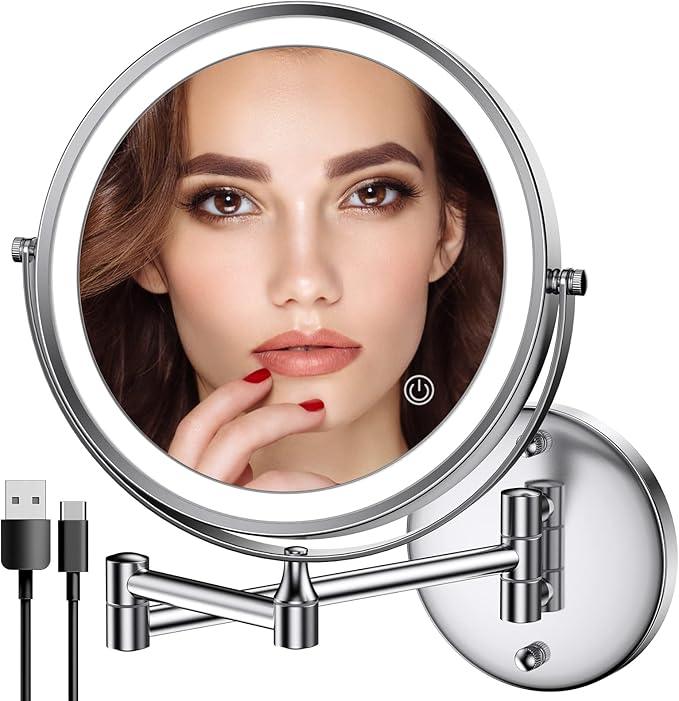 Rocollos Rechargeable Wall Mounted Lighted Makeup Mirror Chrome, 8 Inch Double-Sided LED Vanity Mirror 1X/10X Magnification,3 Color Lights Touch Screen Dimmable 360°Swivel 13 Inch Extendable - ModernBath