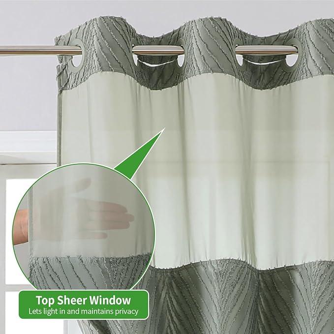eachope no Hook Shower Curtain and Liner Set，Boho Style with See Through Top Window, SageGreen Fabric Tufted Striped Textured Outer Curtain & Waterproof Inner Liner, SageGreen, 71Wx86H - ModernBath