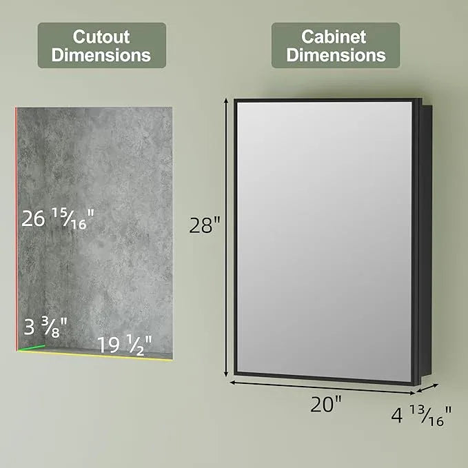 Buruis 20" x 28" Framed Medicine Cabinet with Mirror, Recessed or Wall Mounted Bathroom Cabinet, Adjustable Tempered Glass Shelves, Left/Right Open Reversible, No Assembly Required, Black - ModernBath