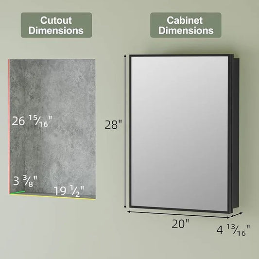 Buruis 20" x 28" Framed Medicine Cabinet with Mirror, Recessed or Wall Mounted Bathroom Cabinet, Adjustable Tempered Glass Shelves, Left/Right Open Reversible, No Assembly Required, Black - ModernBath