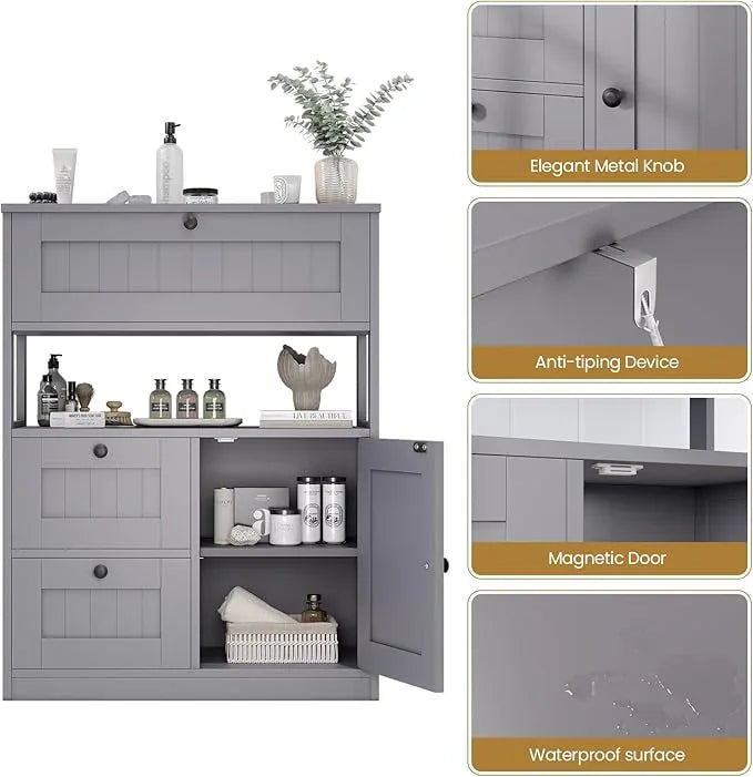 Bathroom Cabinet, Modern Bathroom Floor Storage Cabinet Organizer with 1 Door and 3 Drawers, Freestanding Cupboard for Kitchen/Living Room Use - ModernBath