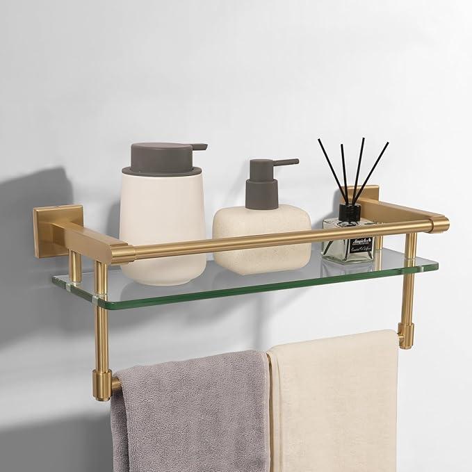 Bathroom Glass Shelf Brushed Gold Finish with Towel Rack, SUS304 Stainless Steel, 16-inch Tempered Glass Shelves for Wall - ModernBath