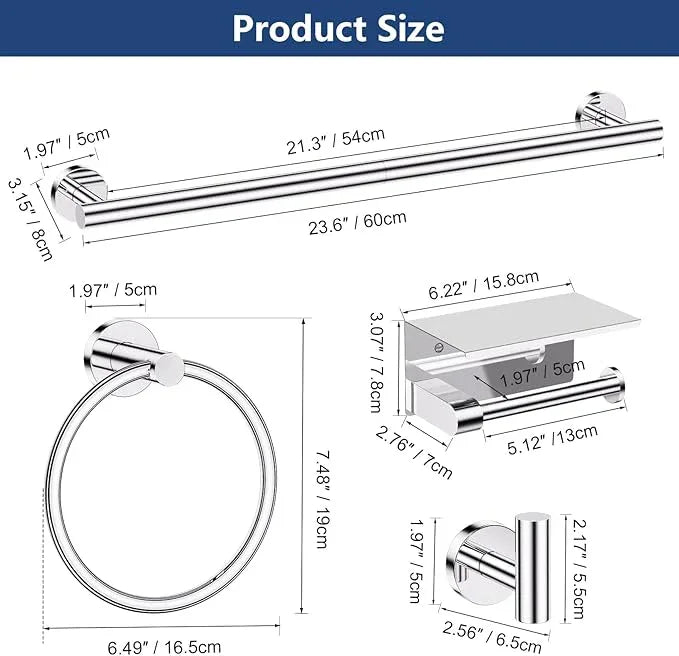 TQKAG 5 Piece Bathroom Towel Bar Holder Sets Polished Chrome Bathroom Hardware Set Stainless Steel Toilet Paper Holder with Shelf Bathroom Accessories Kit Wall Mounted - ModernBath