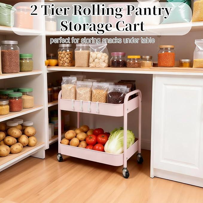 2 Tier Pink Rolling Cart with Wheels for Under Desk Storage, Large Capacity Rolling Pantry & Kitchen Storage Cart for Small Space, Sturdy Metal Bathroom Shelf Laundry Room Organization - ModernBath