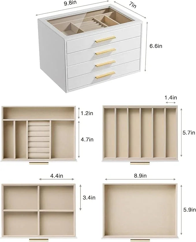 pickpiff Jewelry Box Organizer Case for Women: 4-Layer Jewelry Storage Case with Glass Window, Pure White Leather with Velvet Holder for Ring Necklace Bracelet Brooch Watch, Great Gift for Her - ModernBath