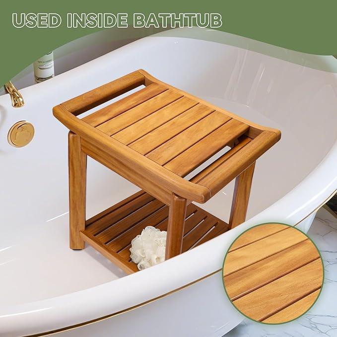 17" Teak Shower Chair with Storage Shelf & Handle, Non-Slip Waterproof Wooden Shower Bench, Stable Bathroom Seat and Heavy Duty Shower Stool for Tub or Indoor Use, Ideal for Elderly, Recovery - ModernBath