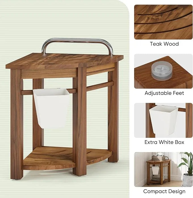 Smart Fendee 16.5“ Teak Shower Bench Seat with Handle, Corner Wooden Spa Bathing Stool with Storage Towel Shelf, Perfect for Inside Shower and Outdoor Use - ModernBath