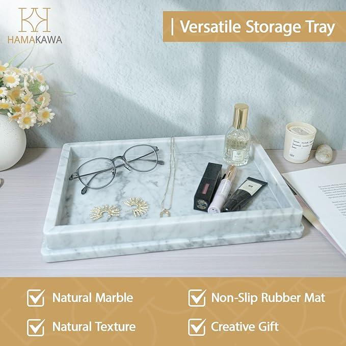 HAMAKAWA Large Natural Marble Bathroom Vanity Tray 12 inch, Carrara White Stone Jewelry Tray, Rectangle Sink Trays, Modern Tank Trays, Countertop Organizer for Soap Dispenser, Kitchen, Home Decor - ModernBath