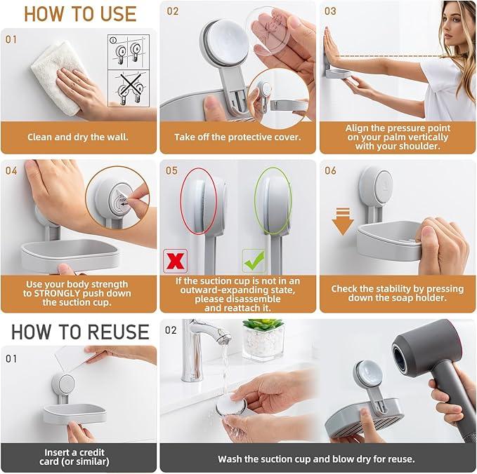 LEVERLOC Soap Dish Holder for Shower Suction Cup Wall Mounted Self Draining NO-Drilling Removable Bar Soap Sponge Holder for Bathroom Bathtub Kitchen Sink Waterproof Strong Vacuum Suction, Grey - ModernBath