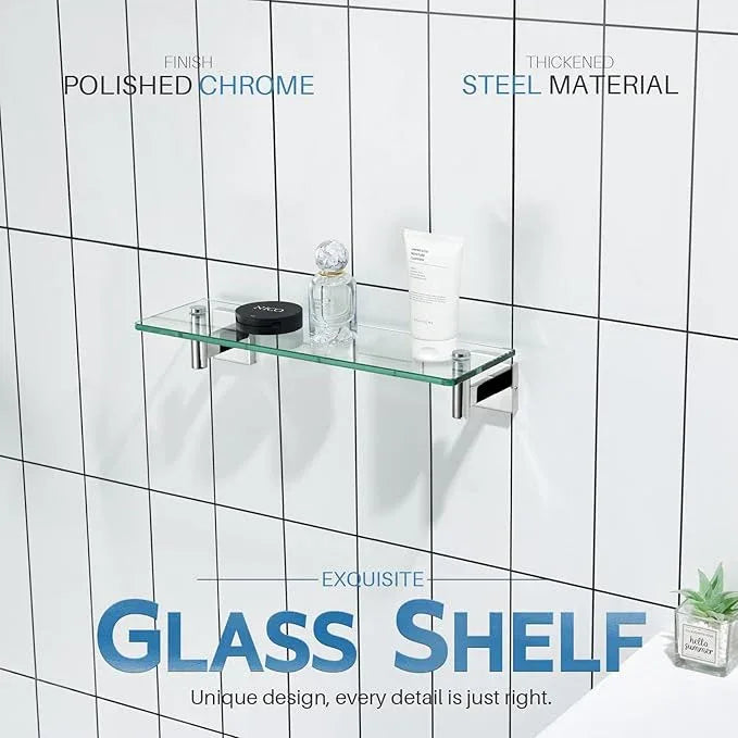 KOKOSIRI Bathroom Shelves Wall Mounted Floating Glass Shelf Polished Stainless Steel 16-Inch Hanging Rack for Storage/Room Decor 2 Pack B1105CH-L16-P2 - ModernBath