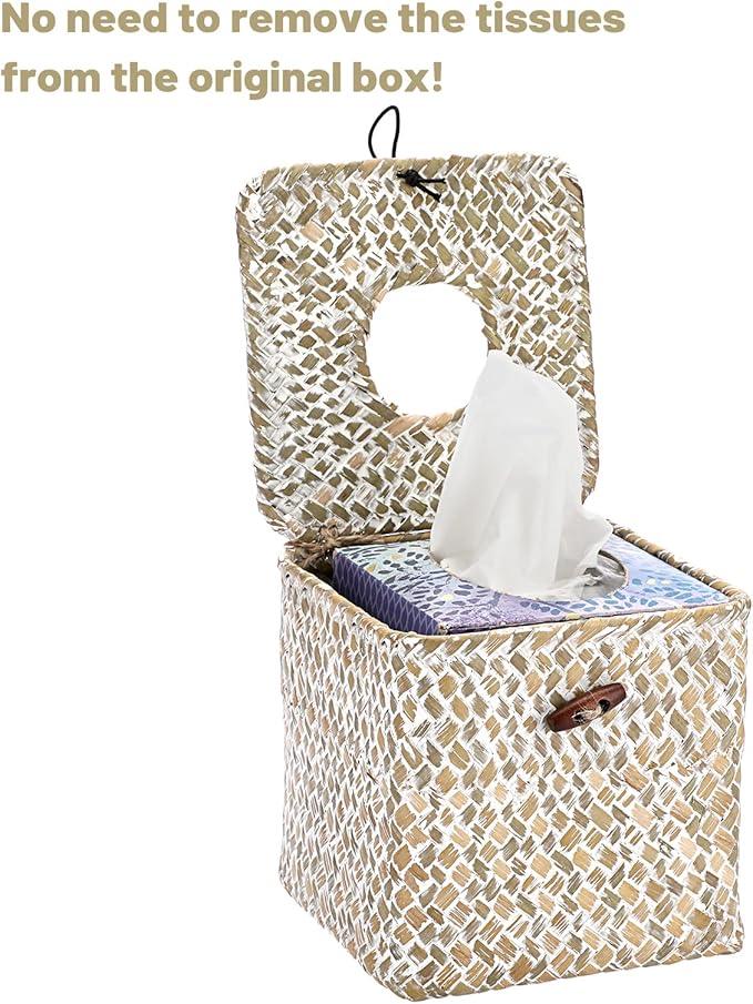 Sumnacon Tissue Box Cover Square Seagrass Tissue Box with Lid, Woven Tissue Box Holder Rustic Cube Tissue Cover for Bathroom Toilet Bedroom Living Room Kitchen Table Desk Office Car, Whitewash - ModernBath