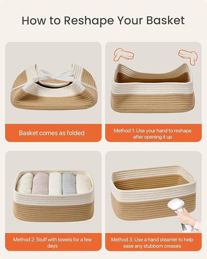 Small Woven Basket, 13.5 x 9.5 x 5 Inches, Storage Basket for Organizing, Cute Small Rope Shelf Closet Cube Storage Bins Baskets for Shelves, Dog Toy Gift Baskets Empty, 3 Pack White & Brown - ModernBath