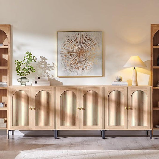 Bathroom Cabinet with Storage, 92.63" W Fluted Arched Free Standing Floor Cabinet w/Adjustable Shelves, Modern Sideboard Cabinet for Bathroom, Kitchen, Living Room, Entryway, Natural - ModernBath