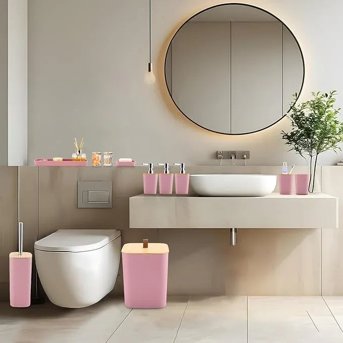XLHOMO Pink Bathroom Accessories, Bathroom Accessories Set with Trash Can, Soap Dispenser, Toothbrush Holder, Toothbrush Cup, Soap Dish, Toilet Brush, Tray and Q-tip Holders for Housewarming - ModernBath