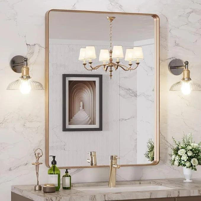 LOAAO 28”X36” Gold Bathroom Mirror, Rounded Rectangle Gold Frame Mirror, Brushed Gold Bathroom Vanity Mirror Wall-Mounted, Anti-Rust, Hangs Horizontally or Vertically - ModernBath