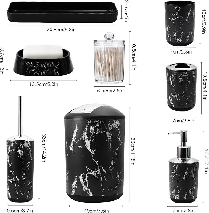 XLHOMO Black Marble Bathroom Accessories Set, Black Bathroom Set with Trash Can, Vanity Tray, Soap Dispenser, Soap Dish, Toothbrush Holder, Toothbrush Cup, Toilet Brush and Qtip Holders for Bathroom - ModernBath