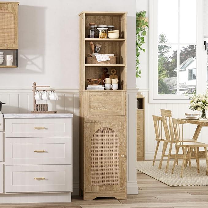 67" H Natural Bathroom Storage Cabinet with Rattan Doors and Slide Storage, Tall Narrow Freestanding Tower Cabinets with Adjustable Shelves for Kitchen, Living Room, Dining Room - ModernBath
