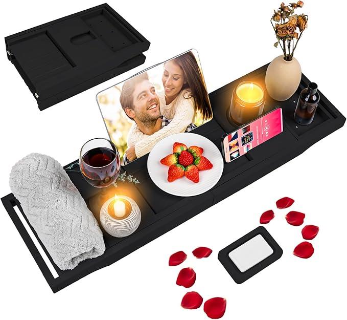Foldable Bathtub Caddy Tray, Bamboo Bath Tub Tray Table for Tub with Wine Glass Holder Book Phone Tablet Holder with Extending Sides, Adjustable Bathroom Bathtub Free Soap Holder Gift Idea (Black) - ModernBath