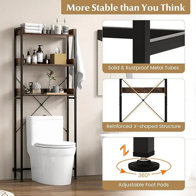 Tangkula Over The Toilet Storage, 3-Tier Toilet Rack Bathroom Space Saver with 4 Hooks & Adjustable Bottom Bar, Freestanding Bathroom Organizer Shelf Over Toilet for Restroom Balcony Laundry (Brown) - ModernBath