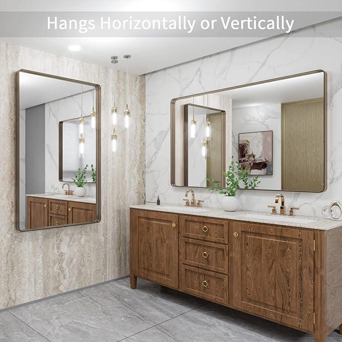 LOAAO 48”X32” Bronze Bathroom Mirrors for Vanity, Rounded Rectangle Brushed Bronze Metal Frame Mirror, Anti-Rust, Tempered Glass, Hangs Horizontally or Vertically - ModernBath