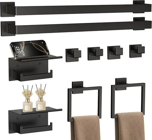 JIXB 10-Piece 23.6 Inch Matte Black Bathroom Hardware Accessories Set, Bath Towel Bar Set, SUS304 Stainless Steel Toilet Paper Holder with Shelf, Towel Hooks, Towel Rings Wall Mounted - ModernBath