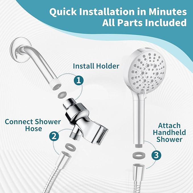BRIGHT SHOWERS All Metal Handheld Shower Head Holder, Adjustable Shower Arm Mount with 360 Degree Rotatable Brass Ball Joint and Hose Connector, Universal Wall Hook Bracket, Chrome - ModernBath
