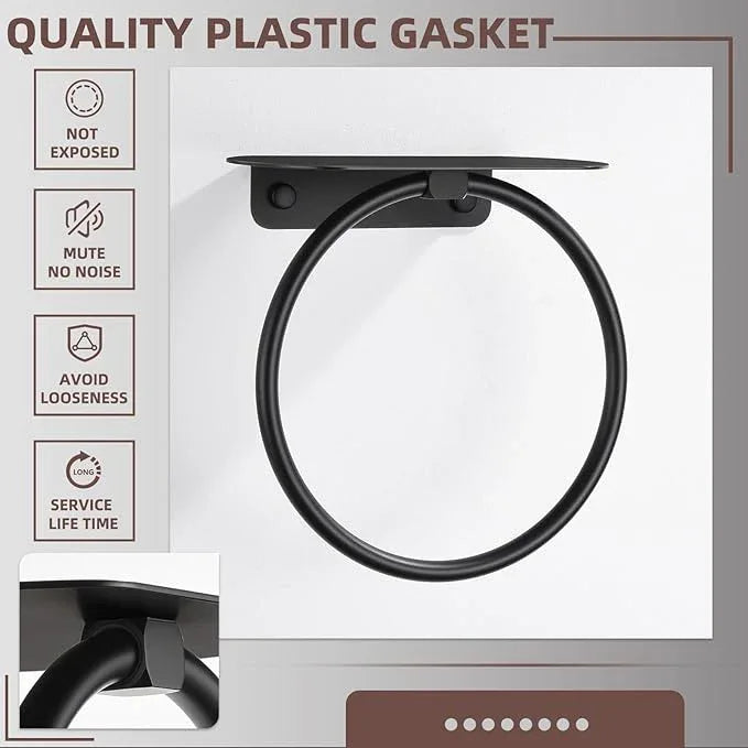 APLusee Matte Black Bath Towel Ring with Shelf, Stainless Steel Towel Holder, Wall Mount - ModernBath
