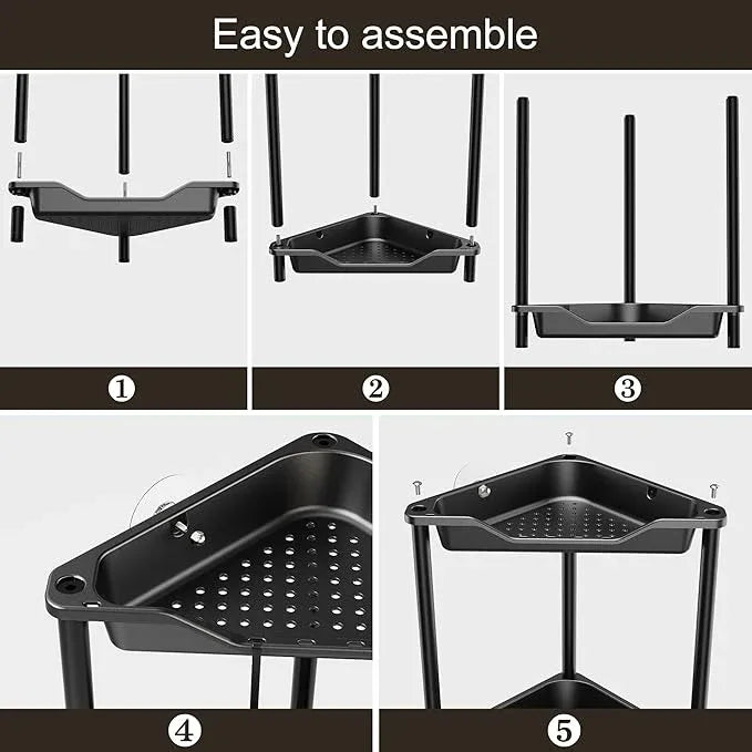 Orimade Rustproof 2 Tier Floor Standing Corner Shower Caddy Organizer, Plastic Metal Splicing Floor Corner Shelf Rack Stands for Bathroom, Black - ModernBath