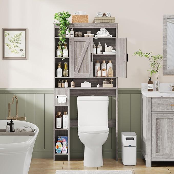 Over The Toilet Storage Cabinet with 2 Barn Doors & Built-in Toilet Paper Holder, Farmhouse Space-Saving Organizer for Bathrooms and Laundry Room, Grey - ModernBath