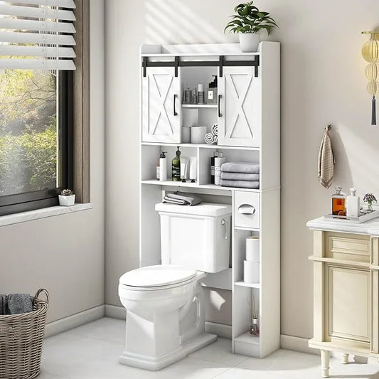 Vabches Over The Toilet Storage Cabinet, Farmhouse Storage Cabinet Over Toilet with Sliding Doors，Home Space-Saving Toilet Rack, for Bathroom, Restroom, Laundry - ModernBath
