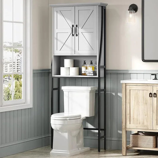 Over The Toilet Storage Cabinet, Over Toilet Bathroom Organizer with Barn Doors Above Toilet Storage Cabinet Spacesaver Rack Behind Toilet Bathroom Organizer (Gray) - ModernBath
