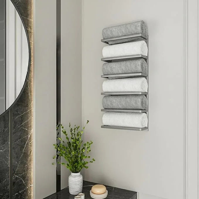 Modern Tiered Towel Rack - Wall-Mounted Metal Towel Shelf for Bathroom, Space-Saving Storage for Towels, Organizers, and Home Decor (Satin Nickel, 6-Tier) - ModernBath