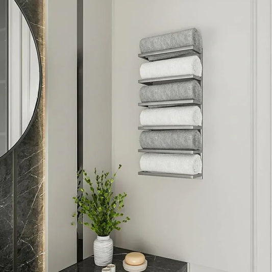 Modern Tiered Towel Rack - Wall-Mounted Metal Towel Shelf for Bathroom, Space-Saving Storage for Towels, Organizers, and Home Decor (Satin Nickel, 6-Tier) - ModernBath