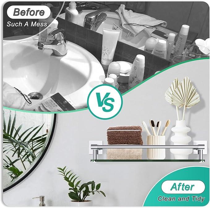 Glass Shelves for Wall, Chrome Stainless Steel & Tempered Glass Glass Shelf for Bathroom, Shelf Sink Over Toilet Bathroom Organizer (16-inch, Polished) - ModernBath