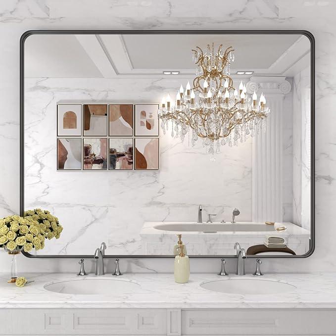 LOAAO 48x36 Inch Black Metal Framed Bathroom Mirror for Wall, Matte Black Bathroom Vanity Mirror Farmhouse, Large Rounded Rectangle Mirror, Anti-Rust, Tempered Glass, Hangs Horizontally or Vertically - ModernBath