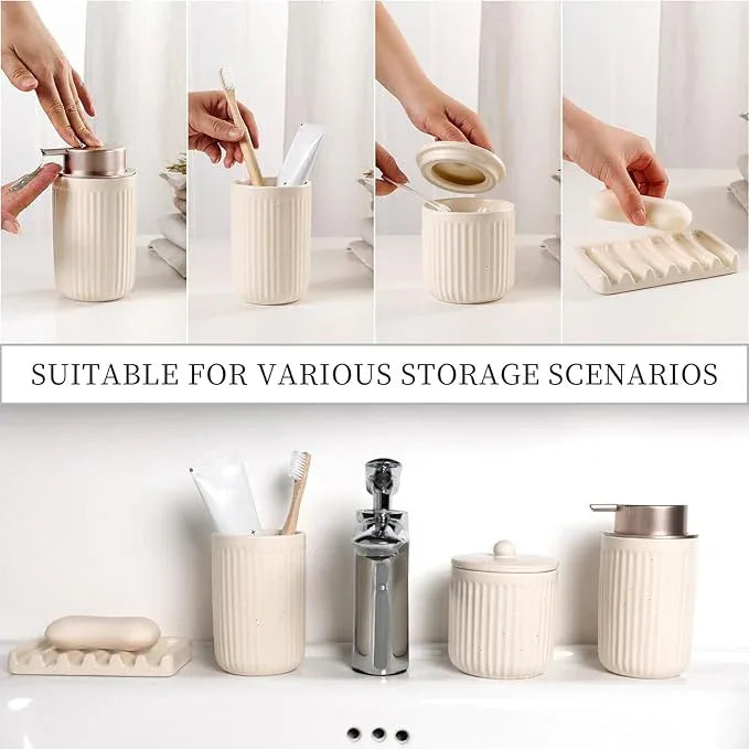 BosilunLife Bathroom Accessories Set - Ceramic Bathroom Set Bathroom Decor Sets Bathroom Counter Lotion Soap Dispenser and Toothbrush Holder Set, Soap Dish, Apothecary Jar (Striped Apricot) - ModernBath