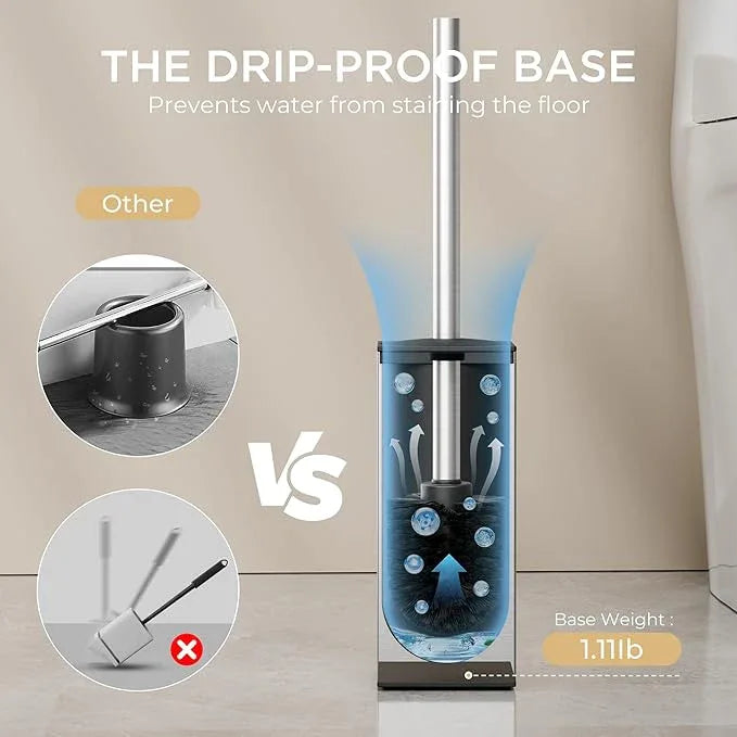 FORIOUS Toilet Brush and Holder Set, Heavy Duty 304 Stainless Steel Base Square and Long Handle for Bathroom Deep Cleaning, Drip-Proof, Space Saving for Storage, 2 Toilet Bowl Brush Head - ModernBath