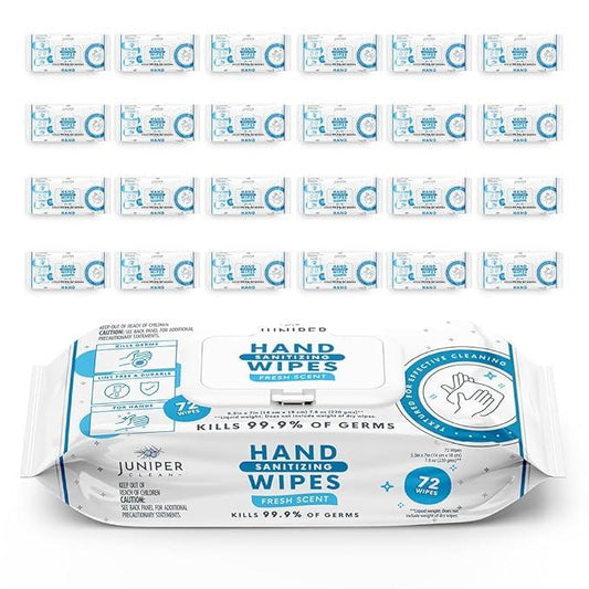 Juniper CLEAN, 24 Pack Hand Sanitizing Wipes, 1728 Count Disposable Hand Sanitizer Wipes, Fresh Scent, Lint Free & Durable - ModernBath