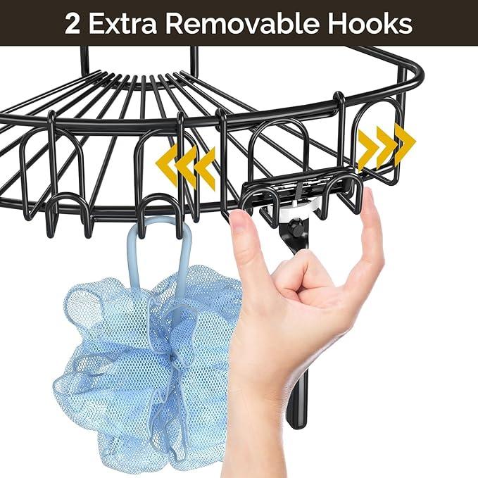 Orimade Corner Shower Caddy with 2 Hooks Wall Mounted Metal Bathroom Shelf Storage Organizer Adhesive No Drilling 2 Pack, Black Only for 90-Degree Corner - ModernBath