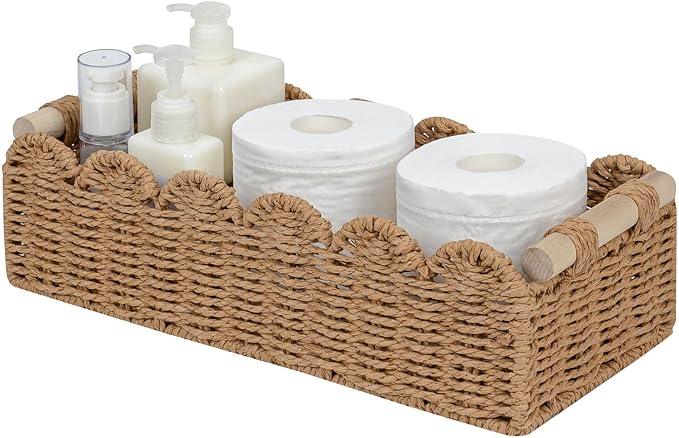 CubesLand Paper Rope Scalloped Edge Toilet Paper Storage Basket, Small Living Room, Bedroom Decor Baskets for Over Toilet Storage Shelf, End Table, Shelves and More, with 2 Wooden Handle, Neutral - ModernBath
