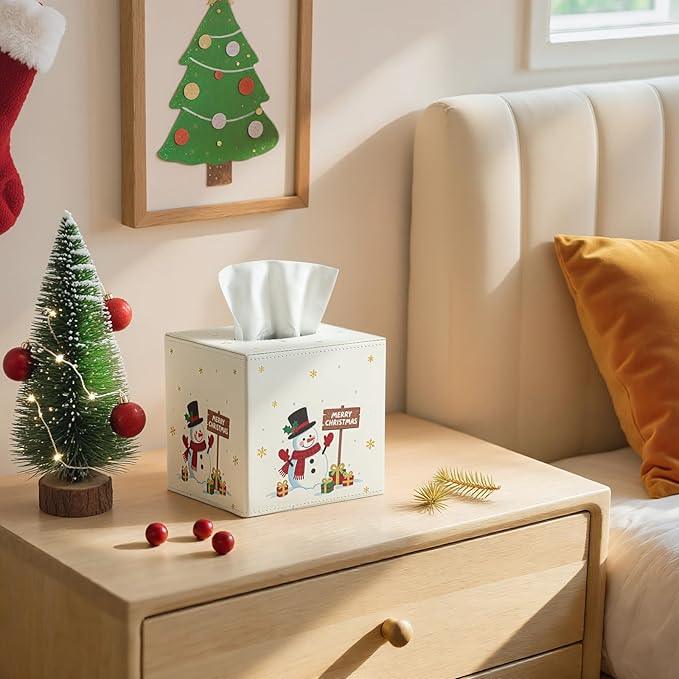 Luxspire Christmas Tissue Box Cover, 5.51" Square Tissue Box Cover with Magnetic Closure, Tissue Box Holder Christmas Decor for Living Room Bedroom Countertop Cars Hotels, Christmas Snowman - ModernBath