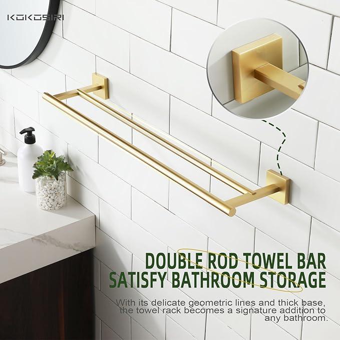 KOKOSIRI Bathroom Towel Bars Double Bath Towel Holders for Toilet Kitchen Cabinet Wall Mount 24 Inch Brushed Gold Stainless Steel B5005BG-L24 - ModernBath