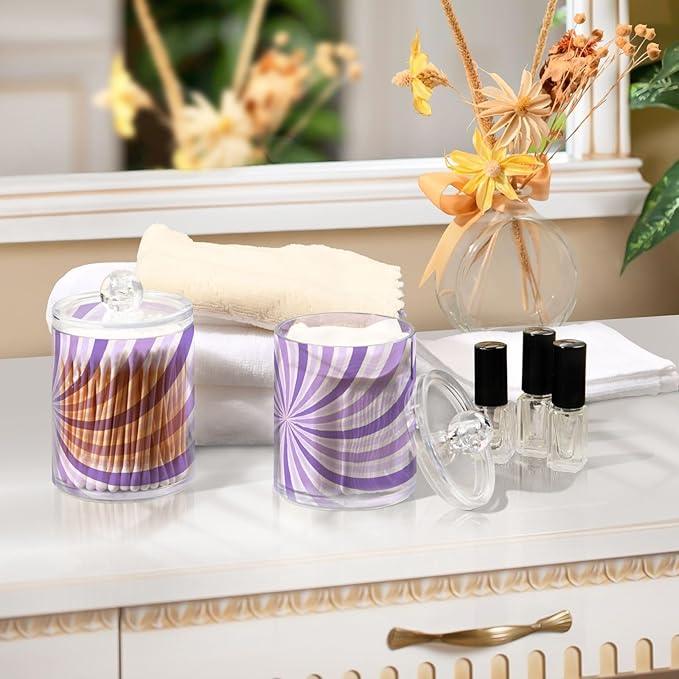 Tatenale Qtip Holder Bathroom Set Q tip Cotton Ball Swab Pad Dispenser Container Organizer Plastic Jars with Lids Storage 2Pack Purple Wavy Stripes - ModernBath