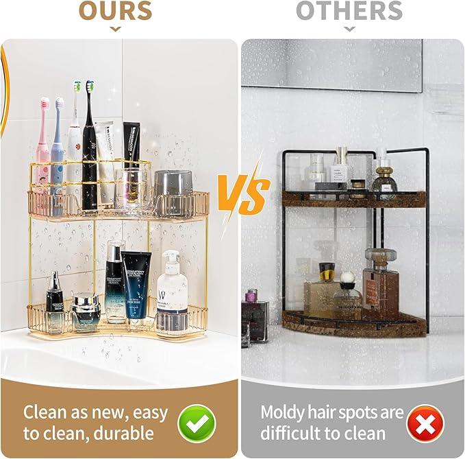 shuang qing Upgraded 2-Tier Corner Bathroom Countertop Organizer – Spacious Storage for Makeup, Skincare & Perfumes, Built-in Brush Holder Fits Vanity/Dresser/Bsthtub (Vintage Gold) - ModernBath