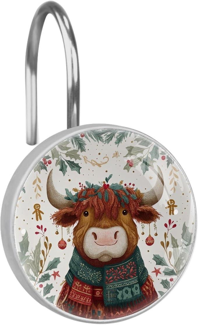 Highland Cows and Leaves Rust Proof Shower Curtain Hooks 12Pcs for Bathroom Shower Rod, Decorative Shower Hooks Shower Curtain Hanger Rings Roller, Glass, Resin, Stainless Steel - ModernBath