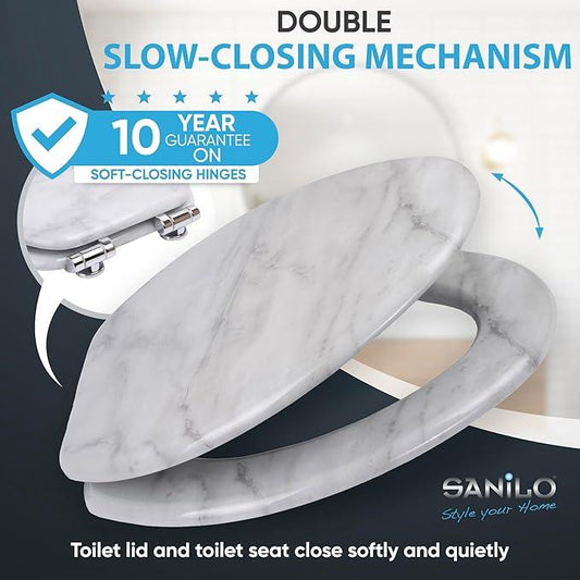 SANILO Wooden Toilet Seat with Soft Close [ELONGATED] - Decorative, Quiet & Slow Close Molded Wood Seat - With Strong Bumpers & Hinges - Adjustable Fit - Marble - ModernBath