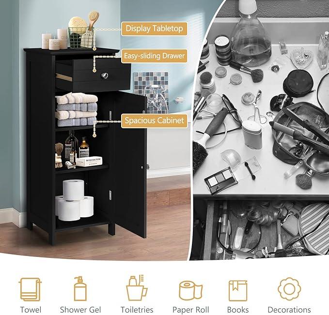 COSTWAY Bathroom Storage Cabinet, Single Door Floor Cabinet with Drawer and 3-Level Adjustable Shelves, Modern Side Storage Organizer with Anti-Tipping Device for Living Room, Bedroom (Black) - ModernBath