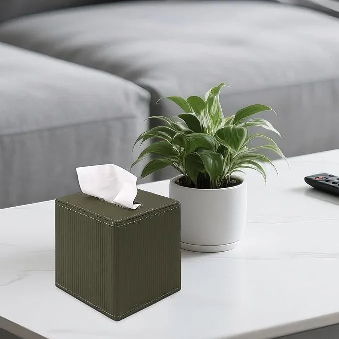 DODAMOUR Elegant Faux Leather Tissue Box Cover, Ribbed Design with Weighted Base & Magnetic Closure - Modern Decor for Bathroom, Bedroom or Office (Olive Green) - ModernBath