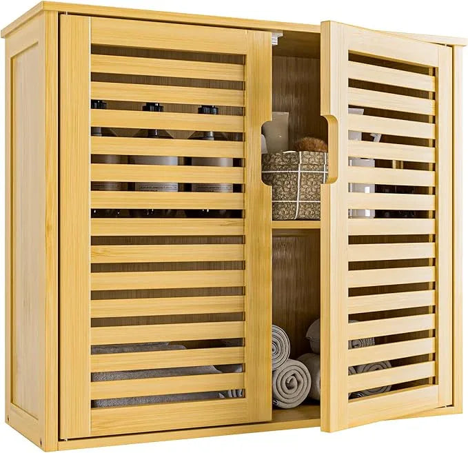 HITNET Bathroom Wall Cabinet, Medicine Cabinet Over The Toilet, Bamboo Hanging Storage Organizer with 2 Doors and Adjustable Shelf for Kitchen, Living Room, Natural - ModernBath